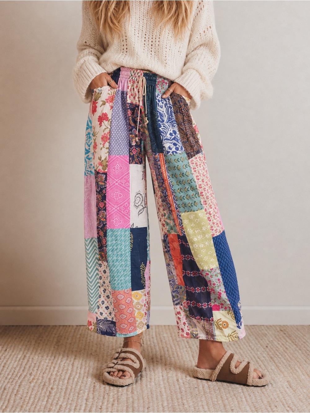 Boutique Boho Patchwork Wide-Leg Pants - Multicolor OS fits most up to Large